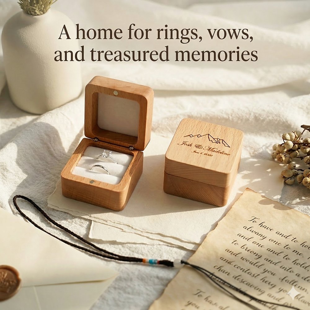 RB535 Square Ring Box, Beech, Engraved Lid