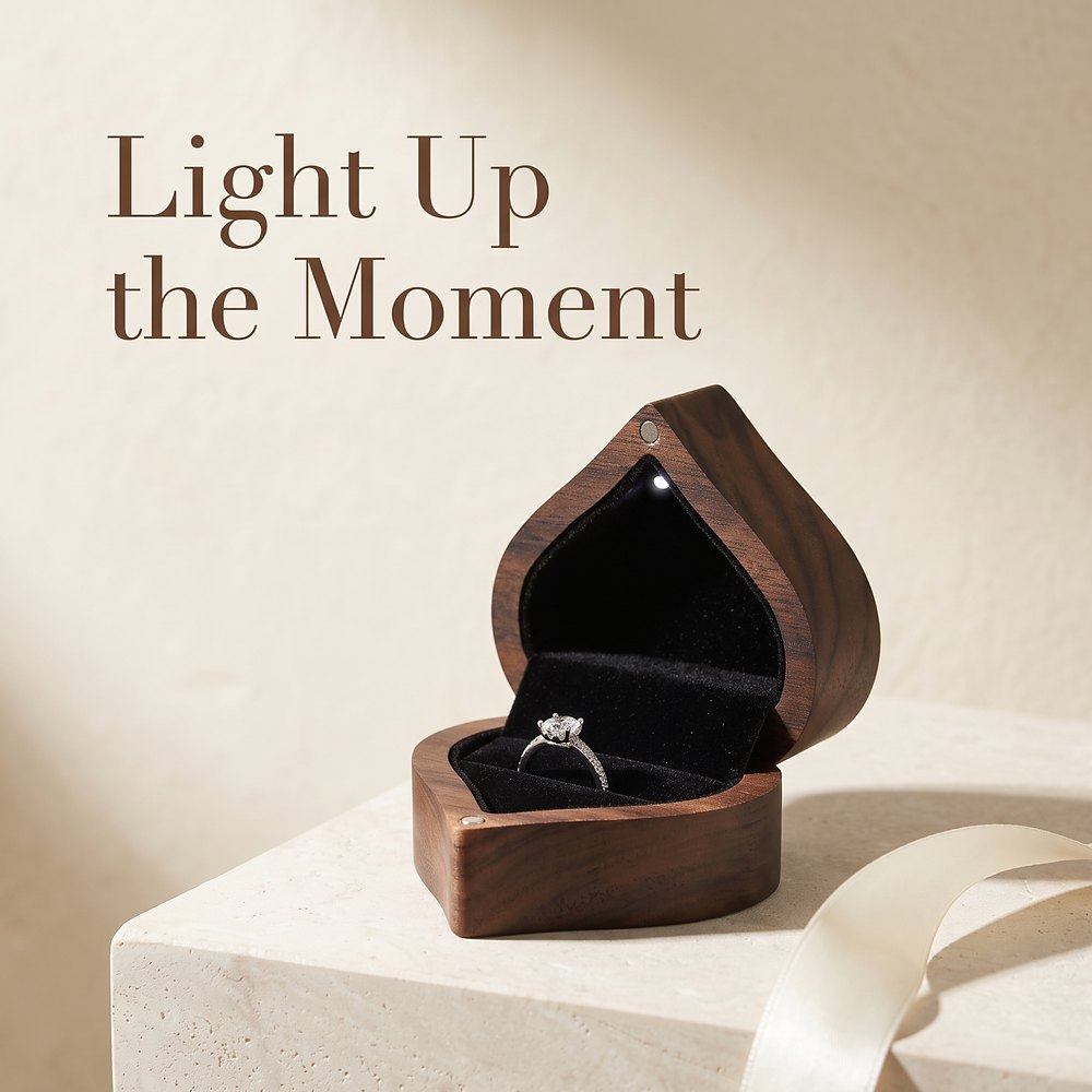 RB562  Heart Ring Box with LED Light, Walnut