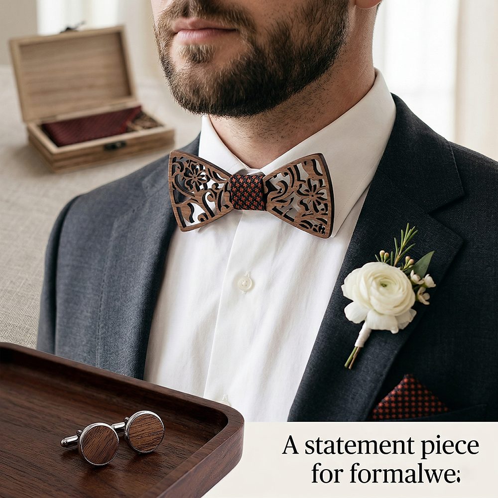 T202  Floral Vine Cutout Bow Tie Set, Walnut