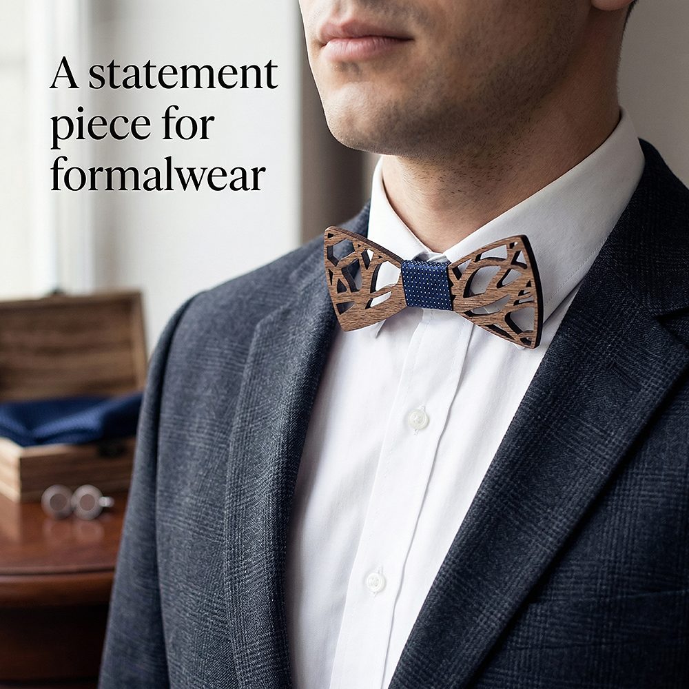 T203  Abstract Geometric Cutout Bow Tie Set, Walnut