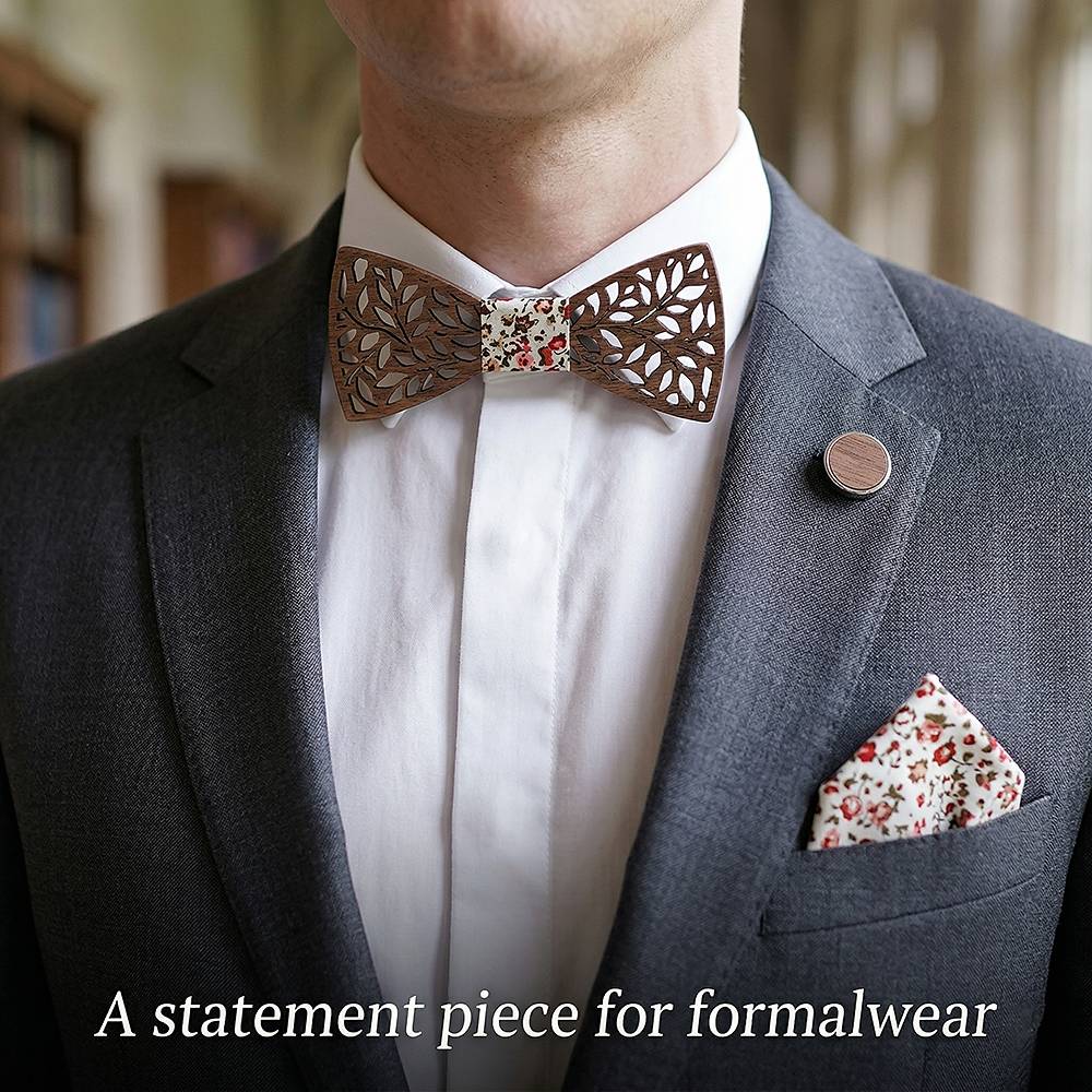 T204  Leaf Cutout Bow Tie Set, Walnut