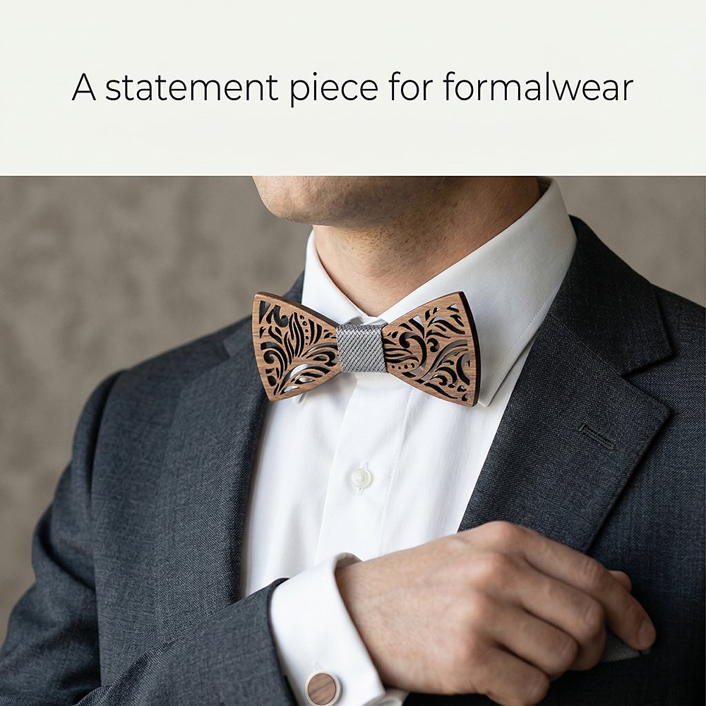 T205  Floral Scroll Cutout Bow Tie Set, Walnut