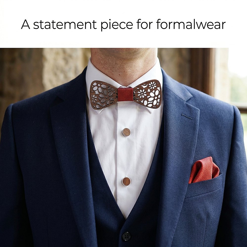 T206  Interlocking Ring Cutout Bow Tie Set, Walnut