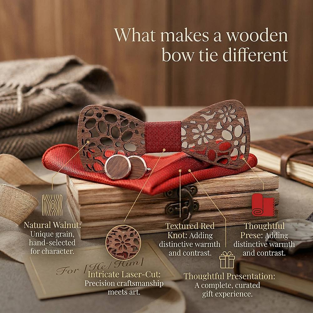 T206 T206  Interlocking Ring Cutout Bow Tie Set, Walnut — view 7