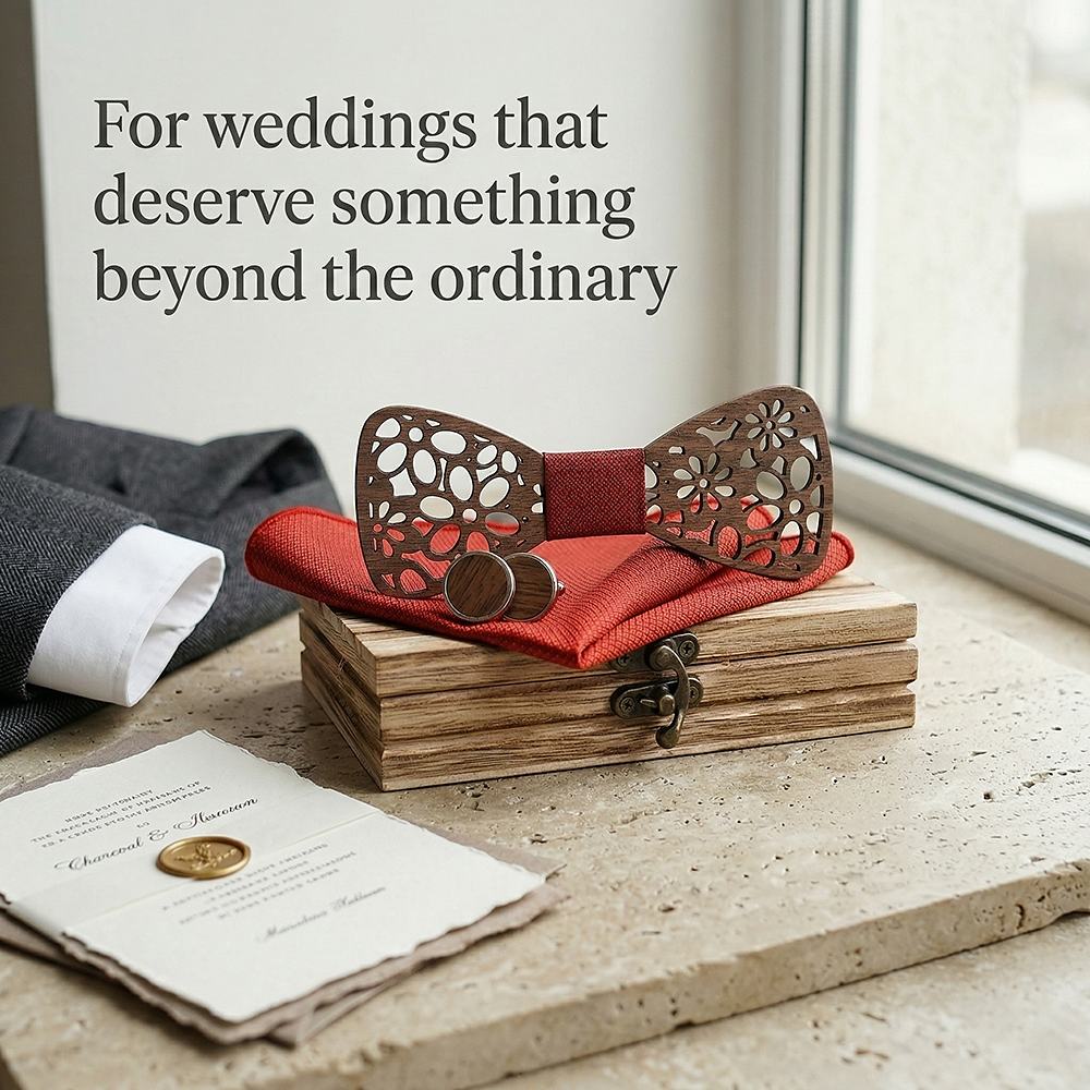 T206 T206  Interlocking Ring Cutout Bow Tie Set, Walnut — view 9