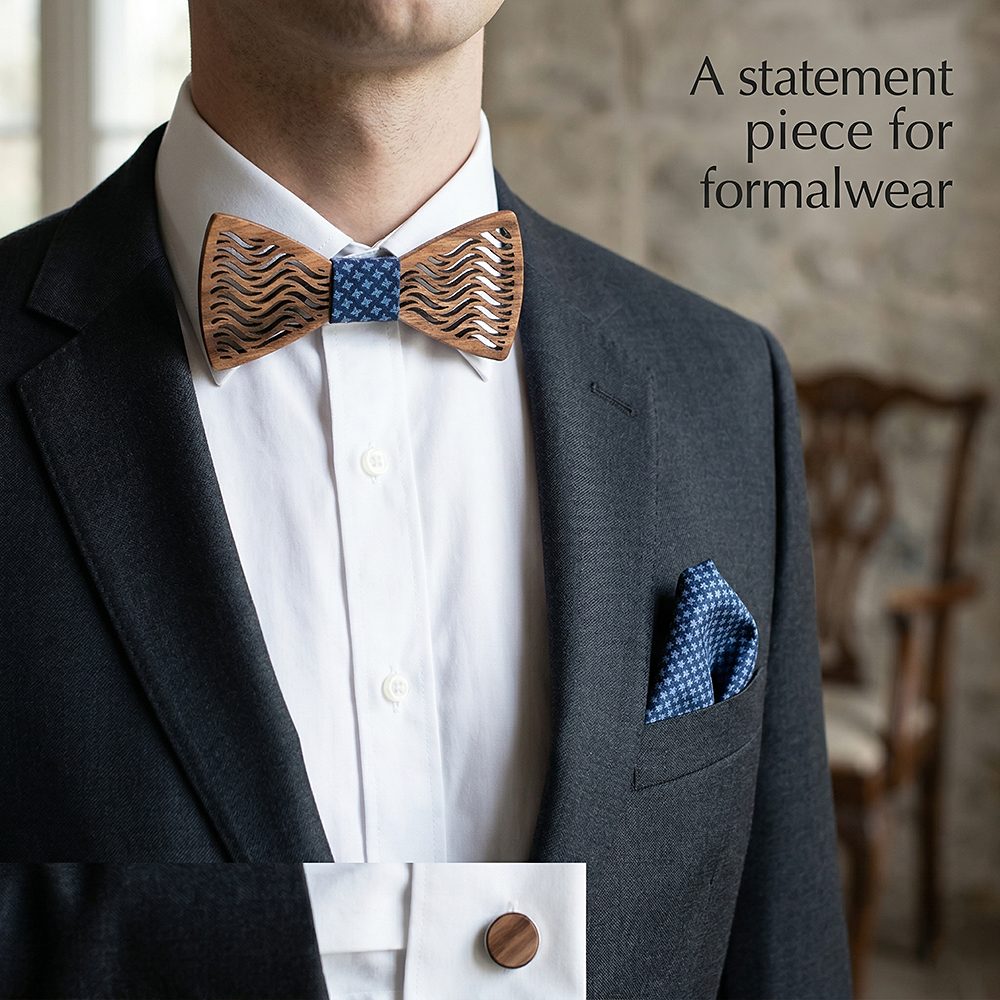 T214  Herringbone Groove Bow Tie Set, Walnut
