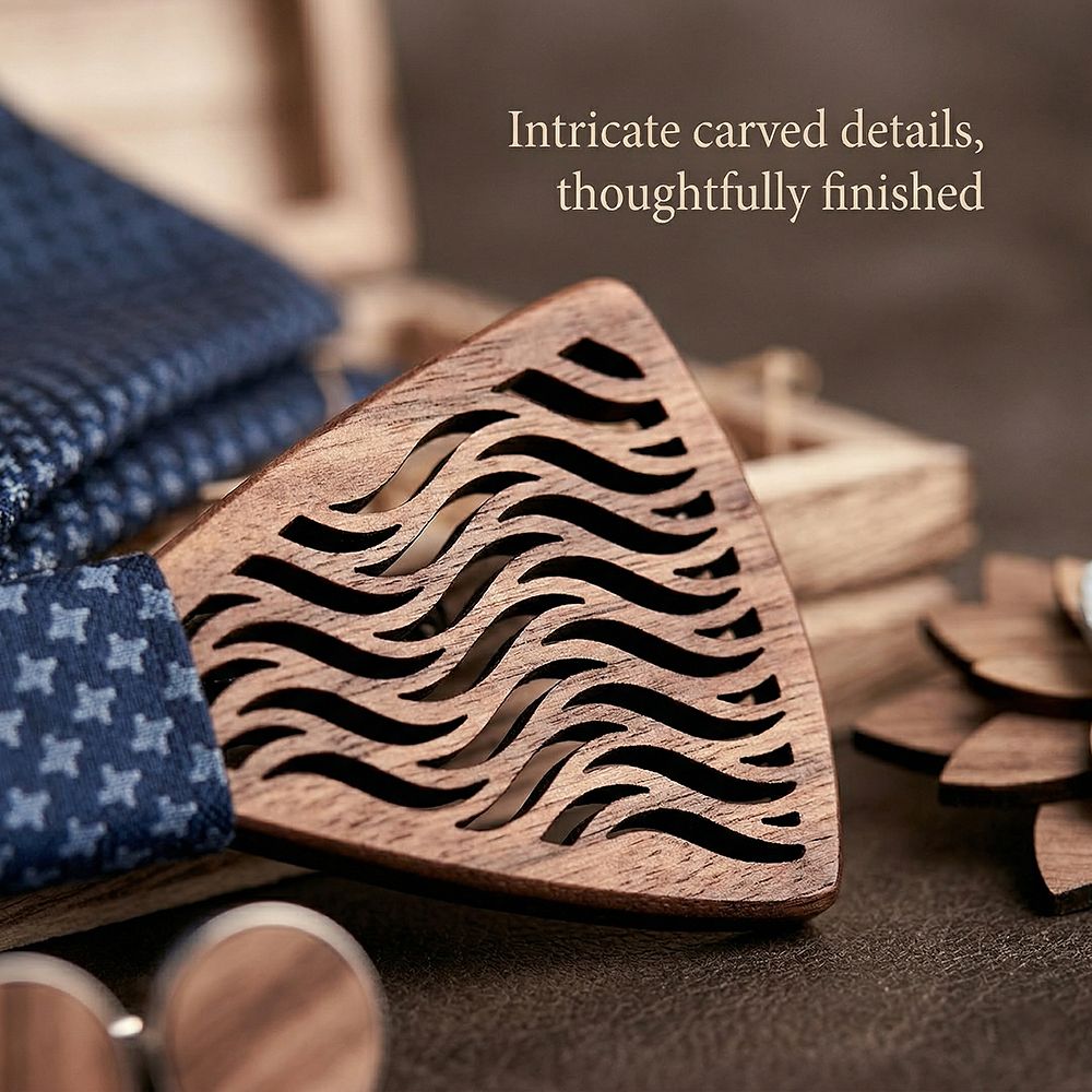 T214 T214  Herringbone Groove Bow Tie Set, Walnut — view 2