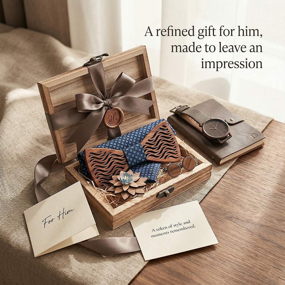 T214 T214  Herringbone Groove Bow Tie Set, Walnut — view 9