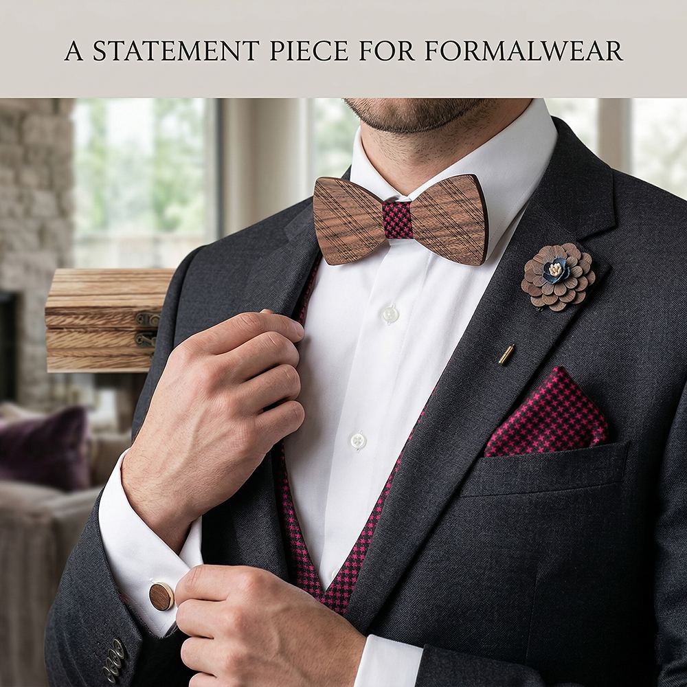 T215  Solid Grain Bow Tie Set, Walnut