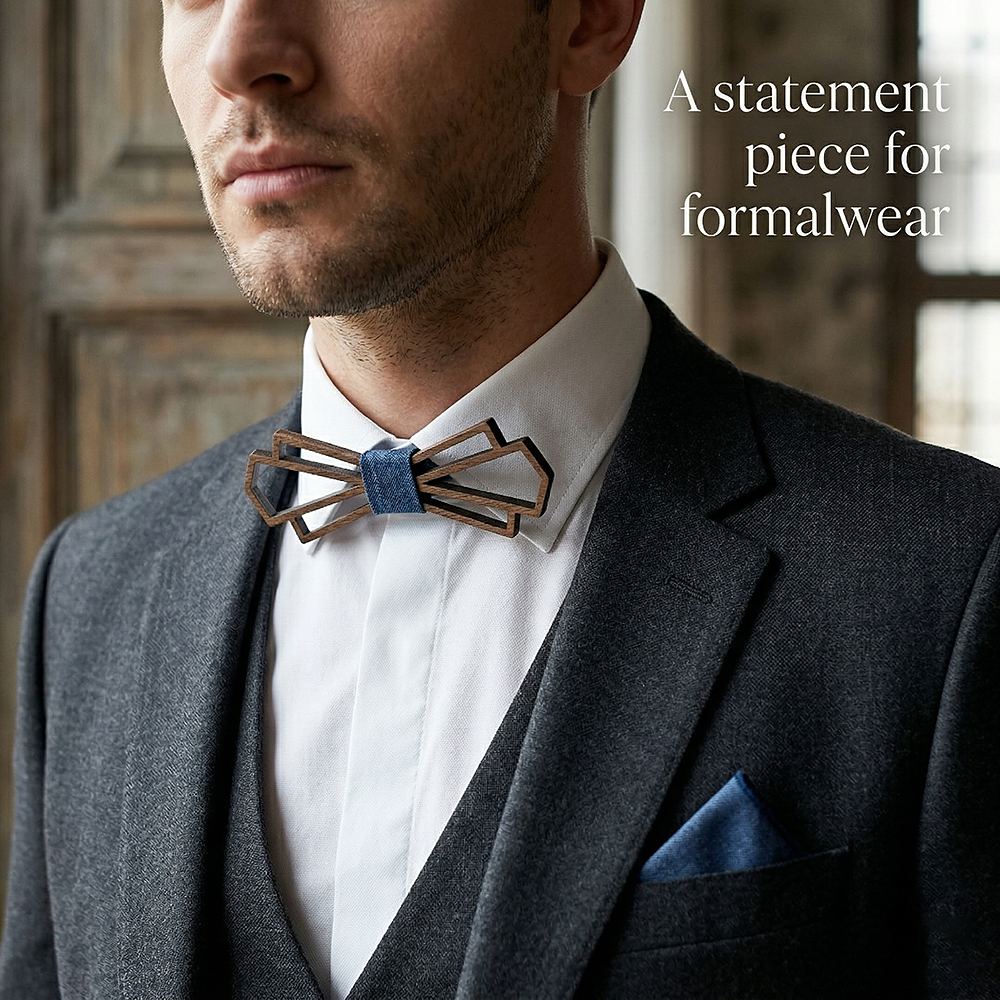 T216  Denim-Wrapped Solid Bow Tie Set, Walnut