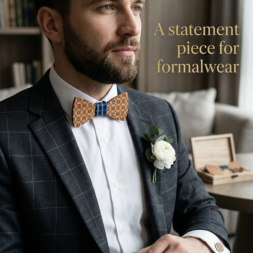 T222  Grid Lattice Cutout Bow Tie Set, Walnut