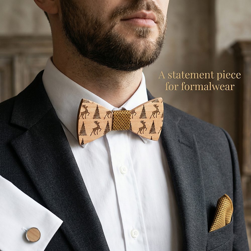 T227  Deer & Pine Cutout Bow Tie Set, Maple