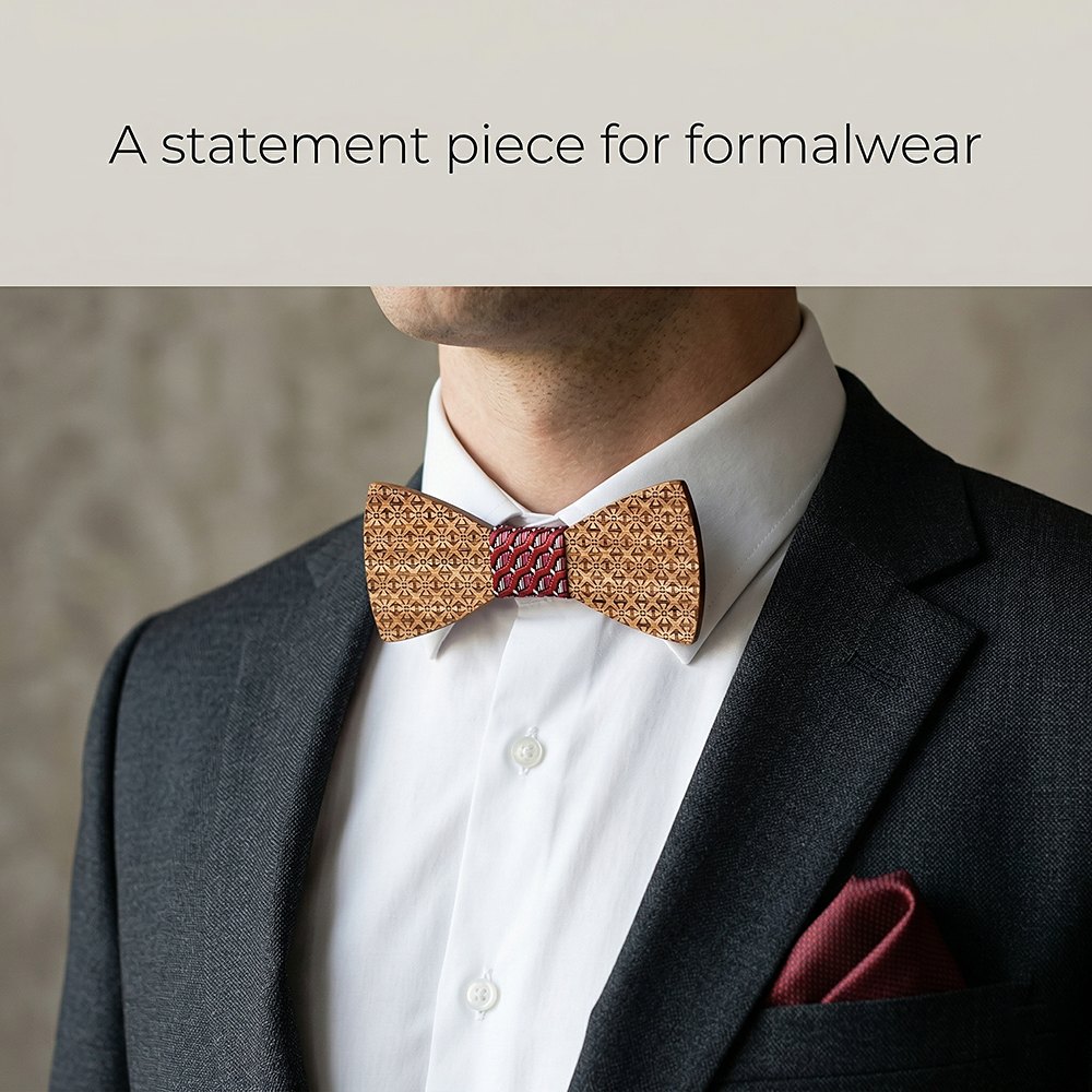 T231  Basket Weave Engraving Bow Tie Set, Walnut