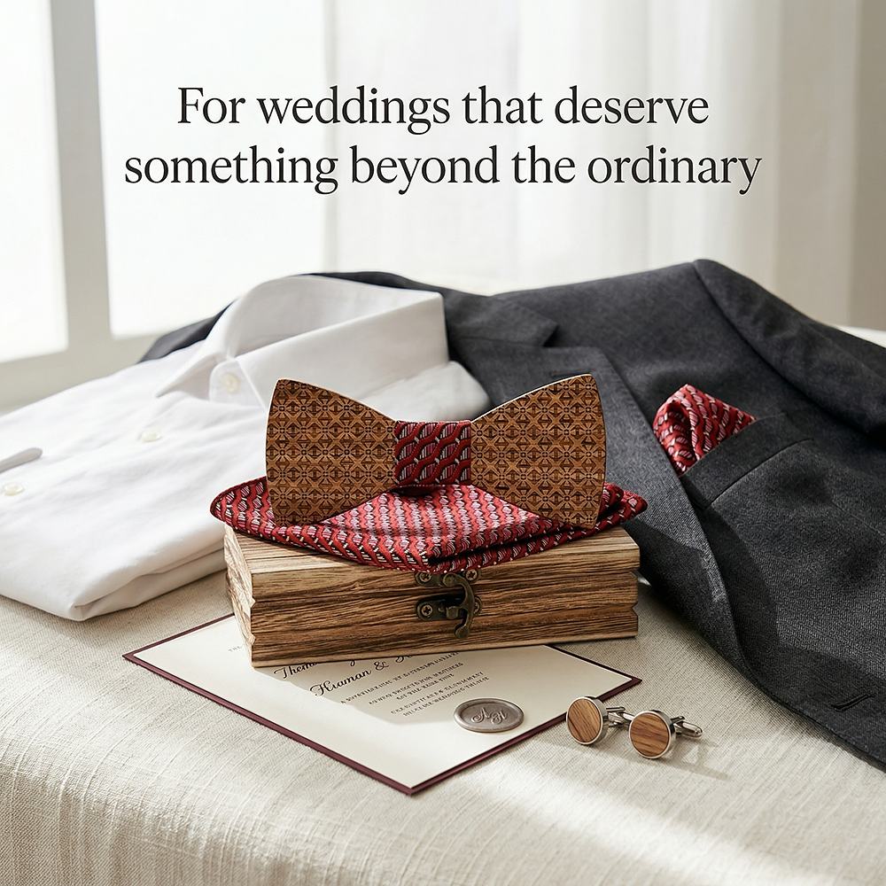 T231 T231  Basket Weave Engraving Bow Tie Set, Walnut — view 10