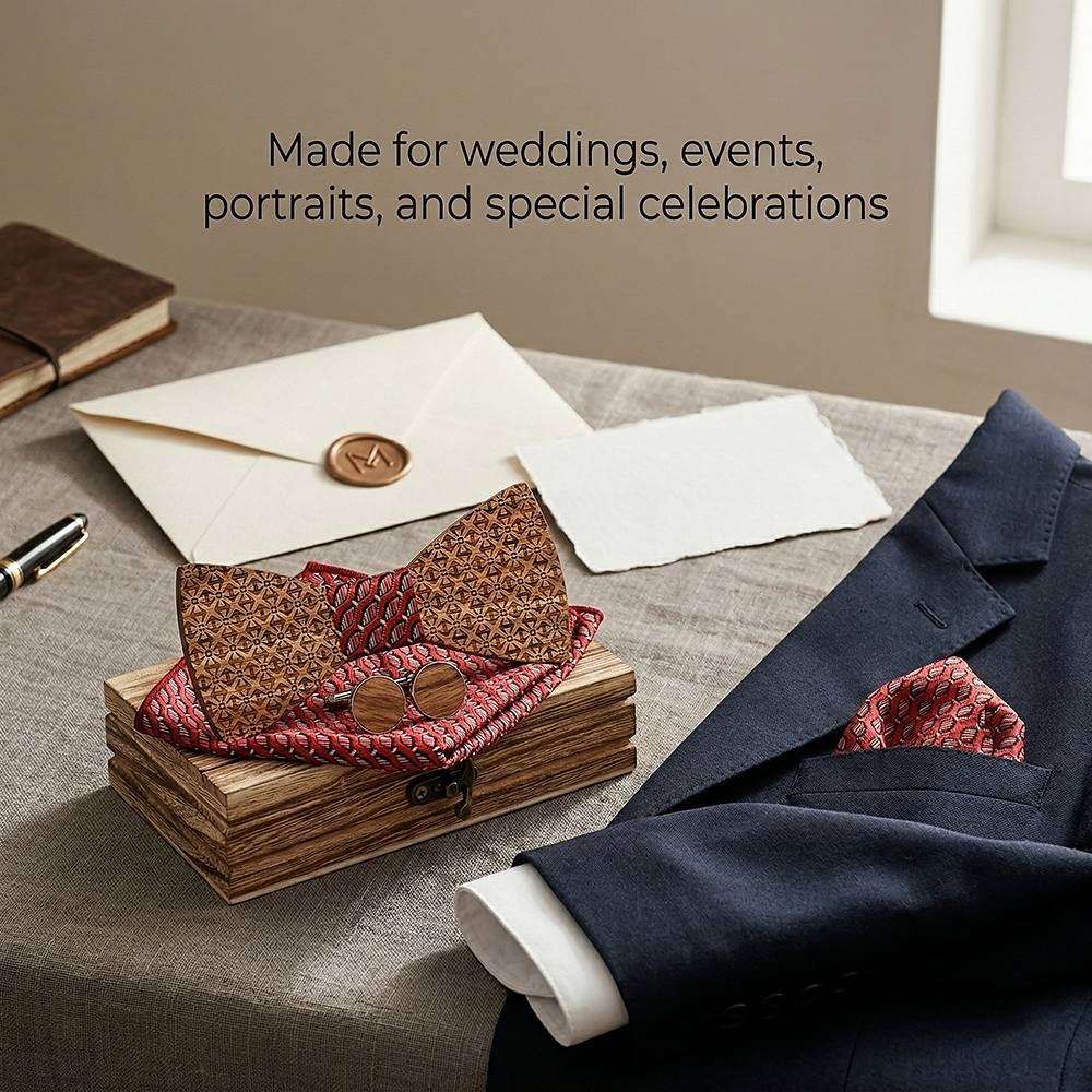 T231 T231  Basket Weave Engraving Bow Tie Set, Walnut — view 3