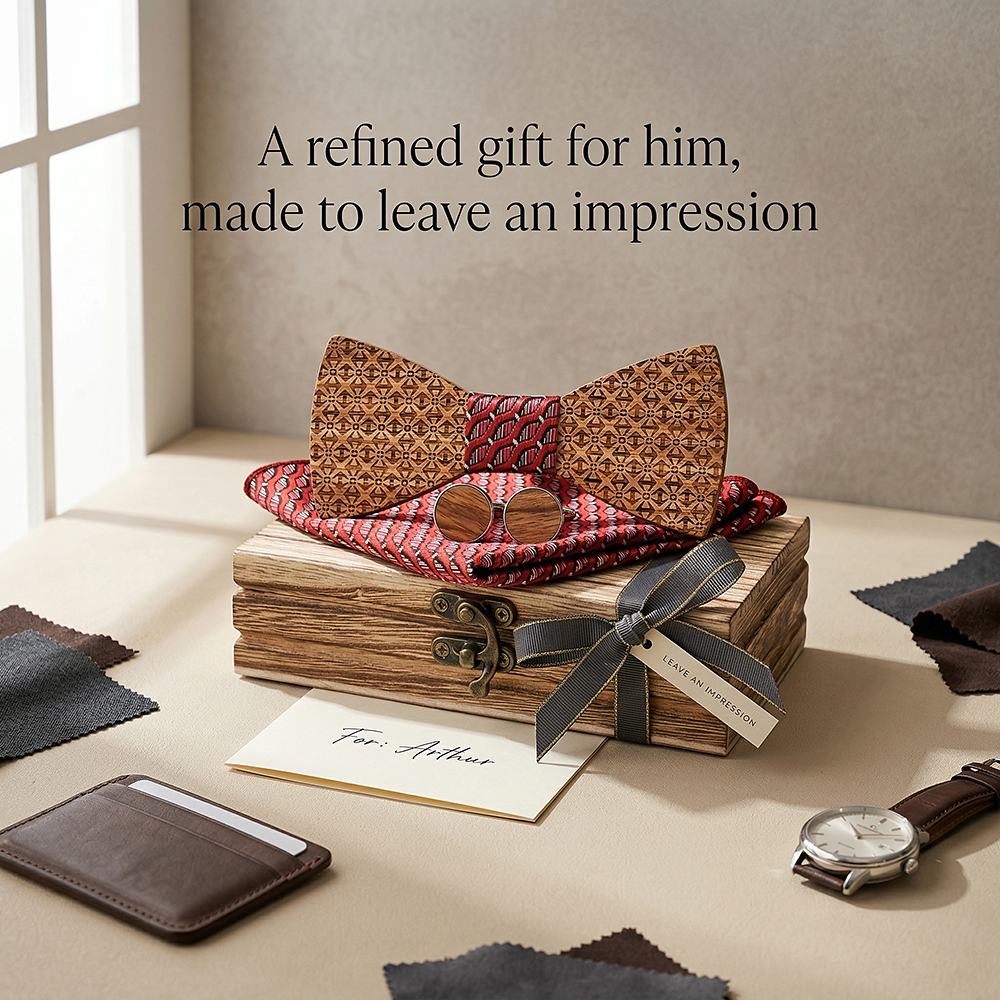 T231 T231  Basket Weave Engraving Bow Tie Set, Walnut — view 9