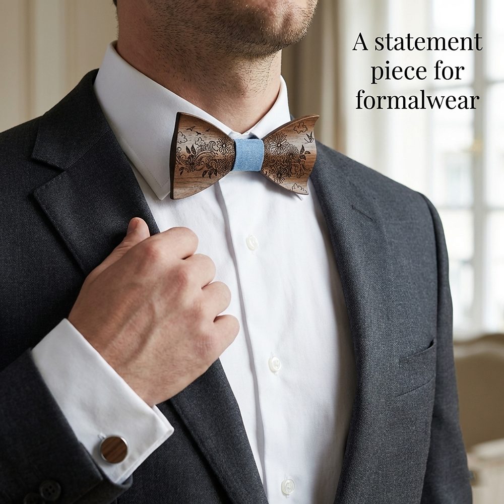 T233  Engraved Flower Bow Tie Set, Maple