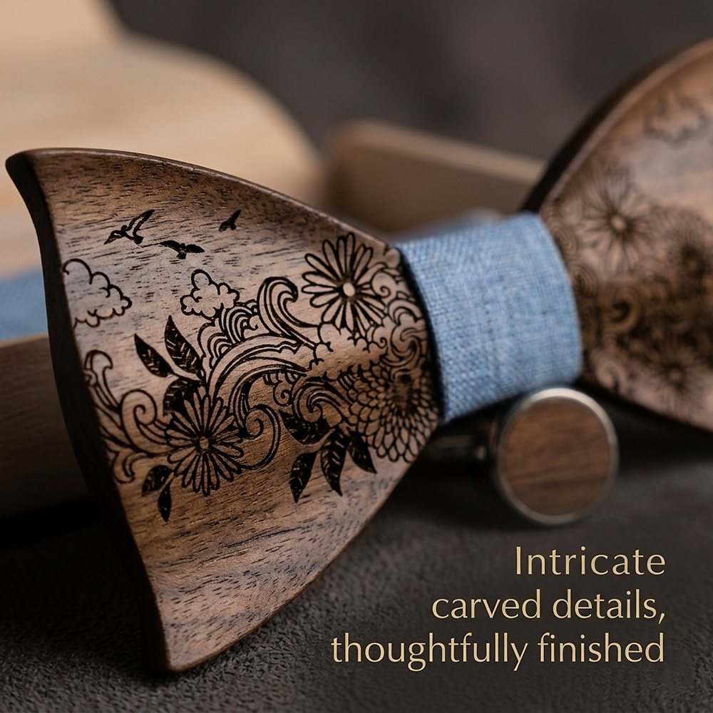 T233 T233  Engraved Flower Bow Tie Set, Maple — view 2