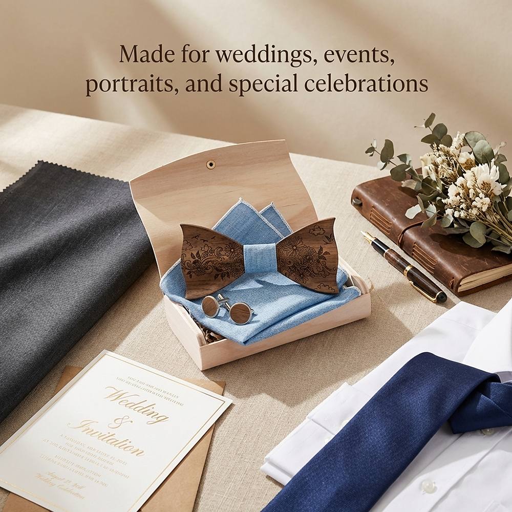 T233 T233  Engraved Flower Bow Tie Set, Maple — view 3