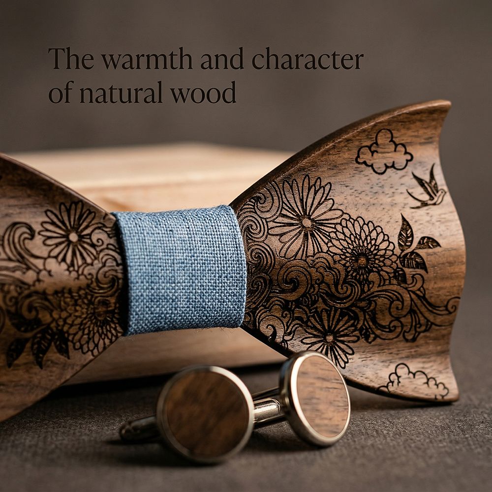 T233 T233  Engraved Flower Bow Tie Set, Maple — view 4