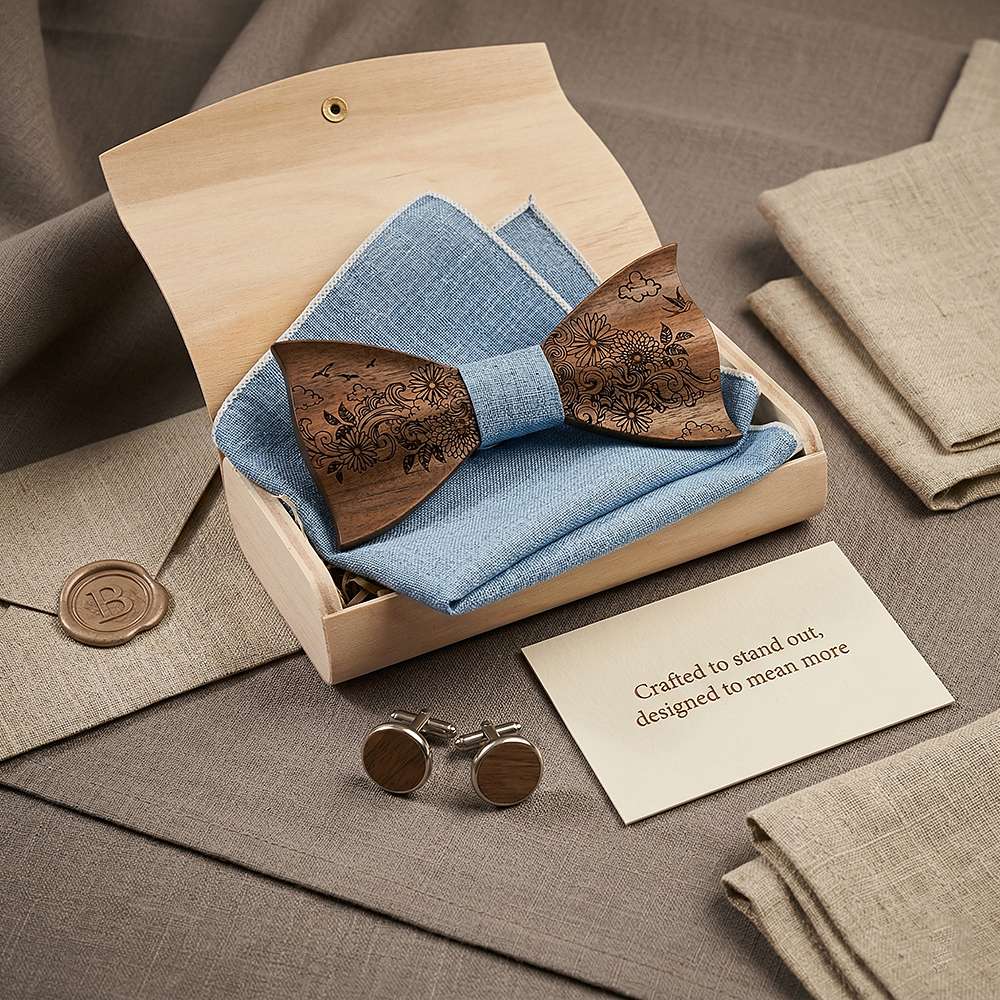 T233 T233  Engraved Flower Bow Tie Set, Maple — view 6