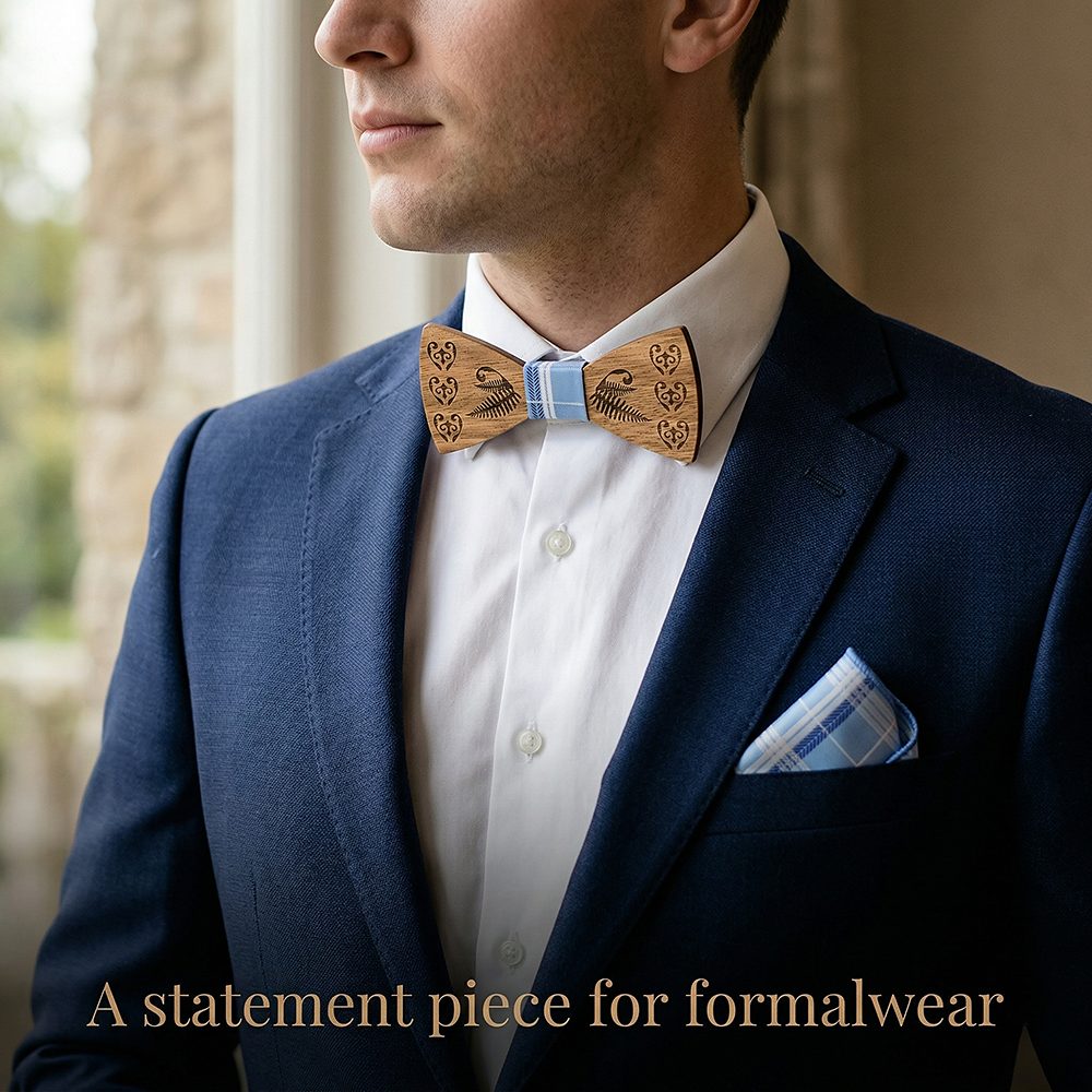 T236  Heart & Fern Engraving Bow Tie Set, Walnut