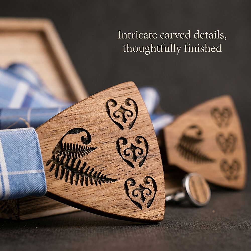 T236 T236  Heart & Fern Engraving Bow Tie Set, Walnut — view 2