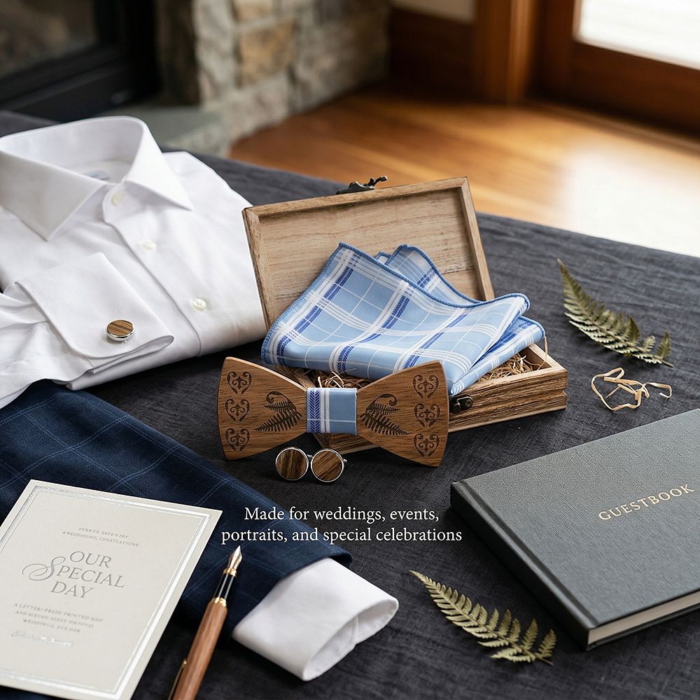 T236 T236  Heart & Fern Engraving Bow Tie Set, Walnut — view 3