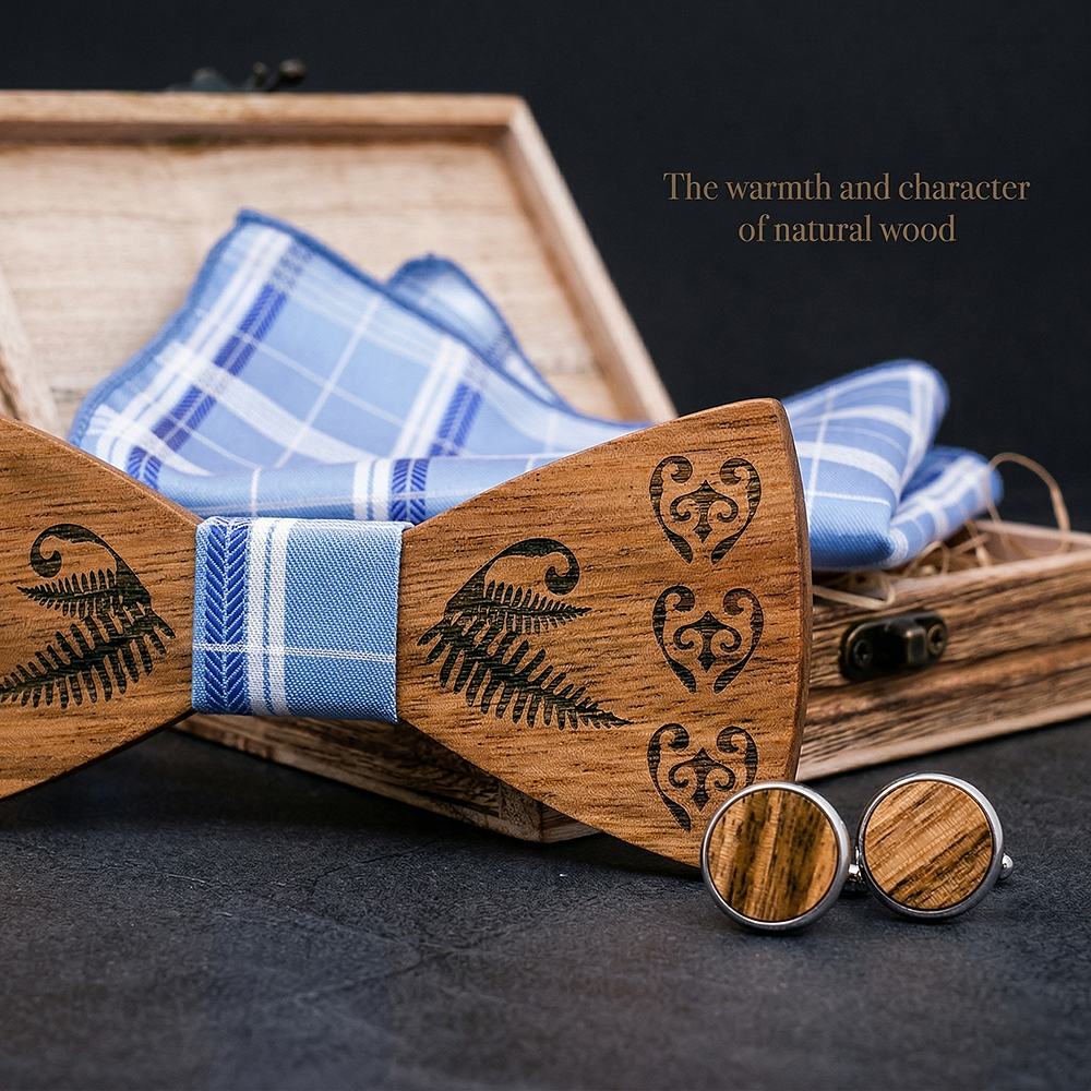 T236 T236  Heart & Fern Engraving Bow Tie Set, Walnut — view 4