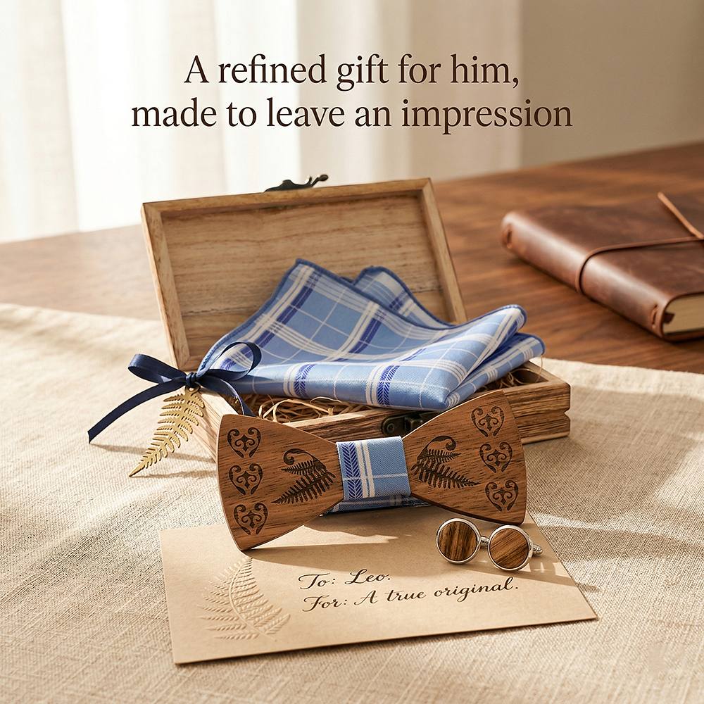 T236 T236  Heart & Fern Engraving Bow Tie Set, Walnut — view 8