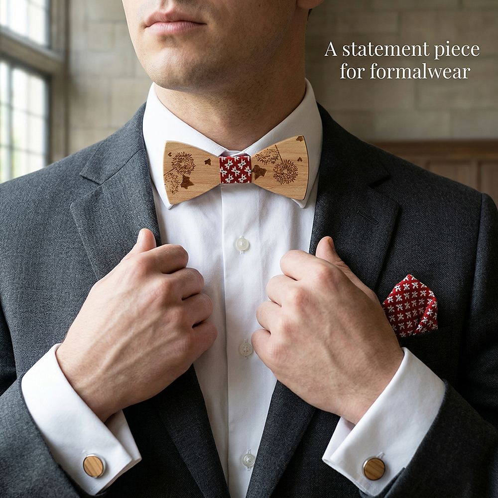 T237  Dandelion Engraving Bow Tie Set, Maple