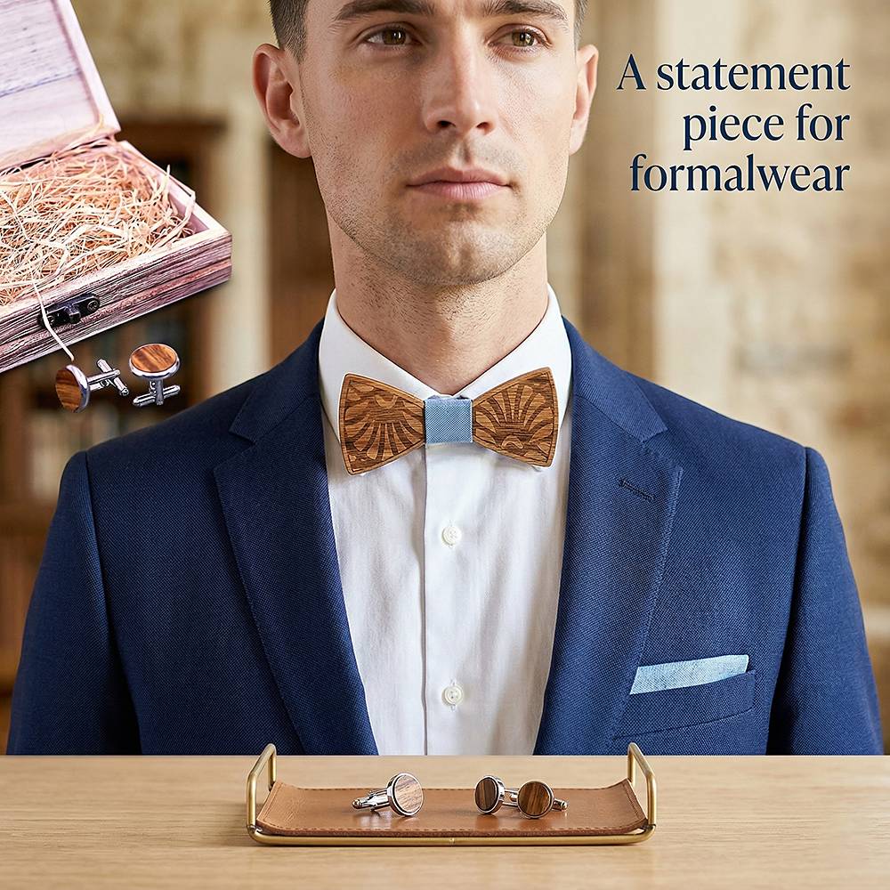 T238  Feather Engraving Bow Tie Set, Walnut