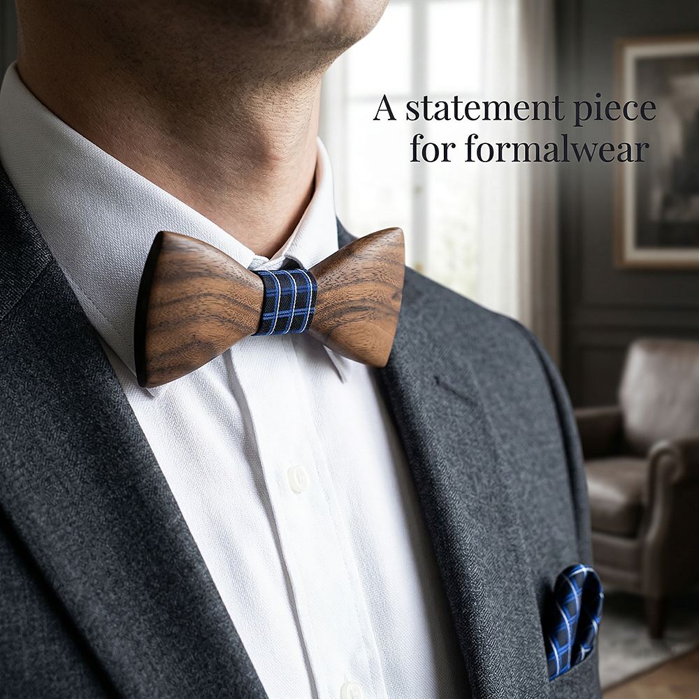 T245  Sculpted Solid Bow Tie Set, Walnut
