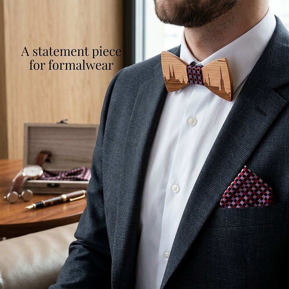 T251  City Skyline Engraving Bow Tie Set, Walnut