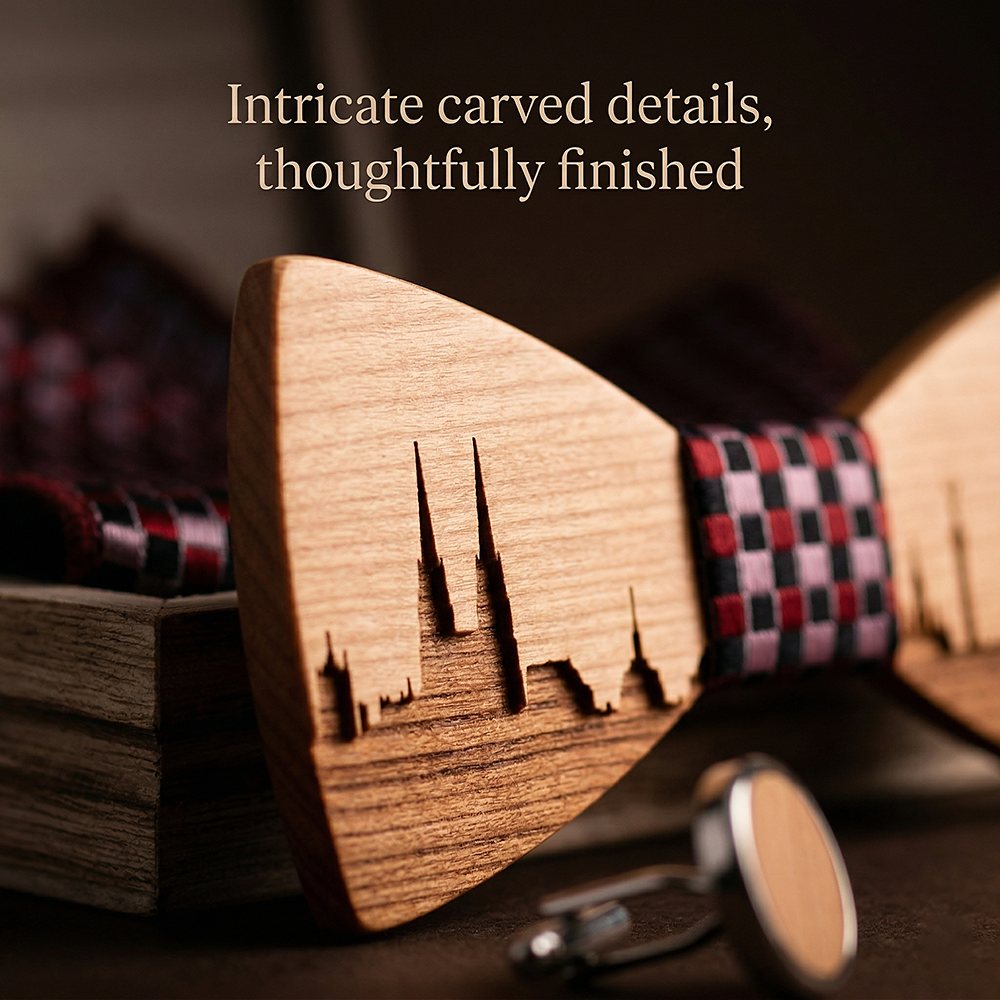T251 T251  City Skyline Engraving Bow Tie Set, Walnut — view 2