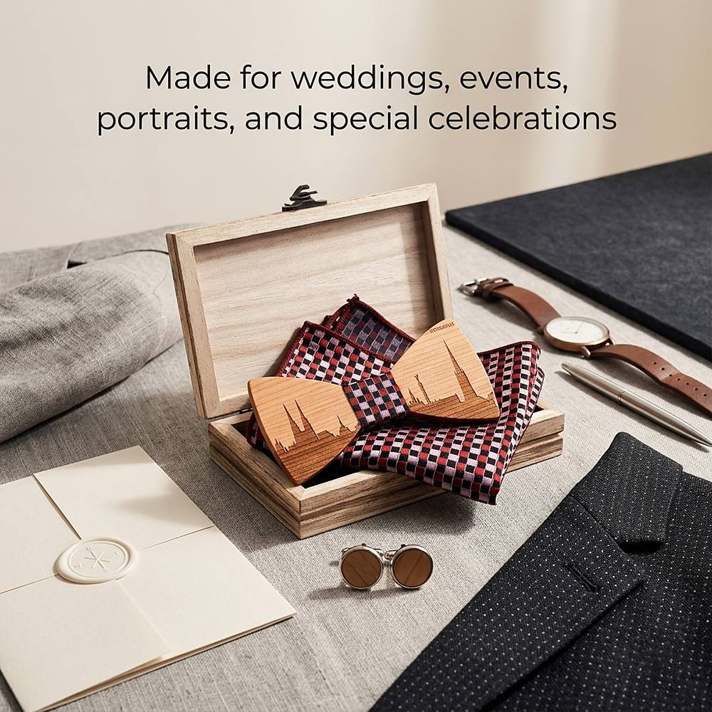 T251 T251  City Skyline Engraving Bow Tie Set, Walnut — view 3