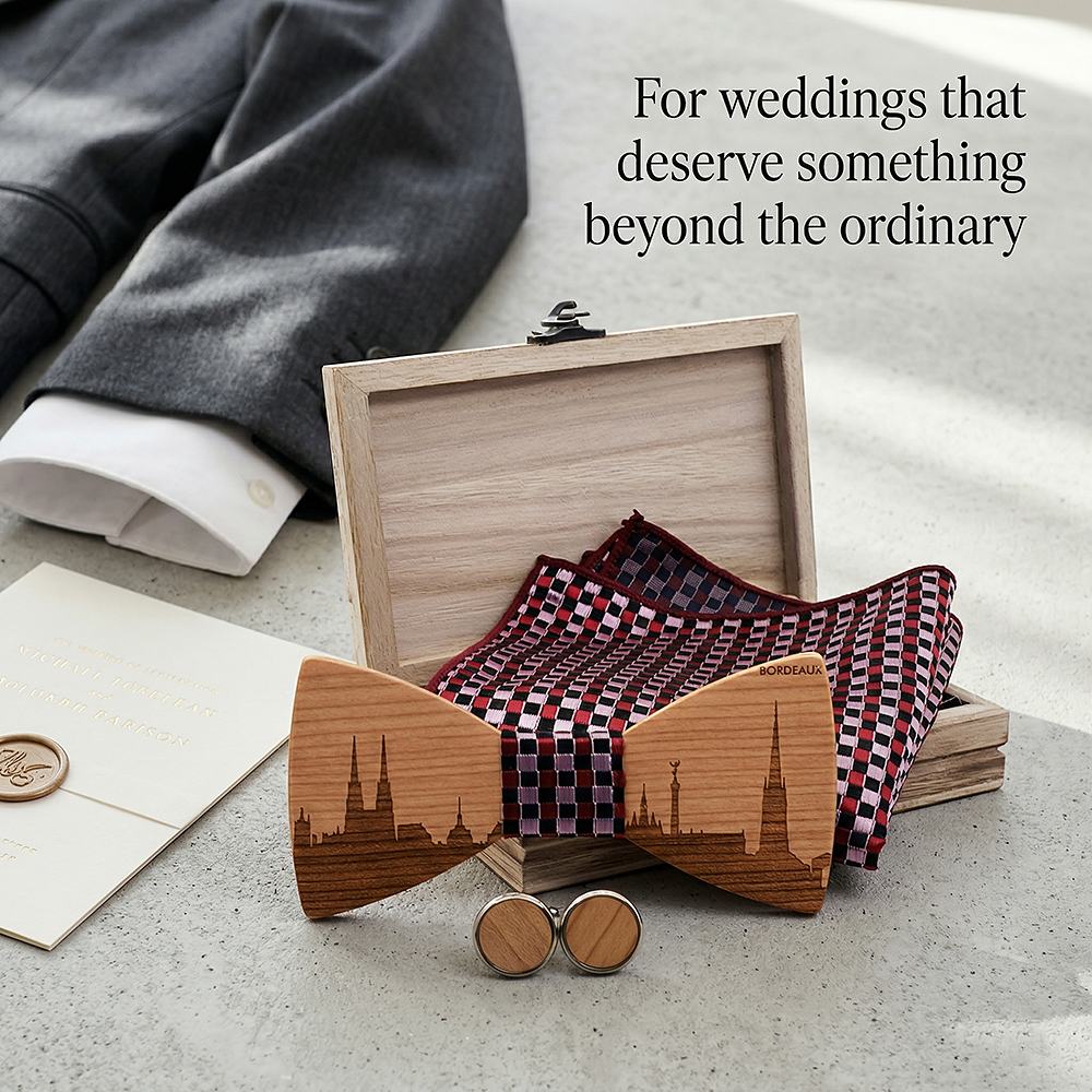 T251 T251  City Skyline Engraving Bow Tie Set, Walnut — view 9