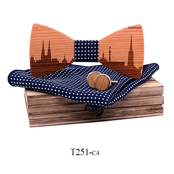 T251 T251  City Skyline Engraving Bow Tie Set, Walnut — colour C4