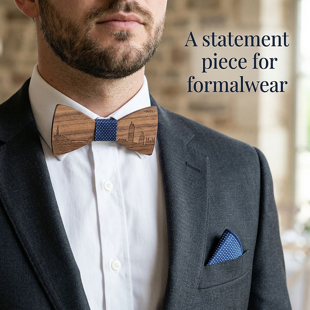 T254  City Skyline Engraving Bow Tie Set, Walnut
