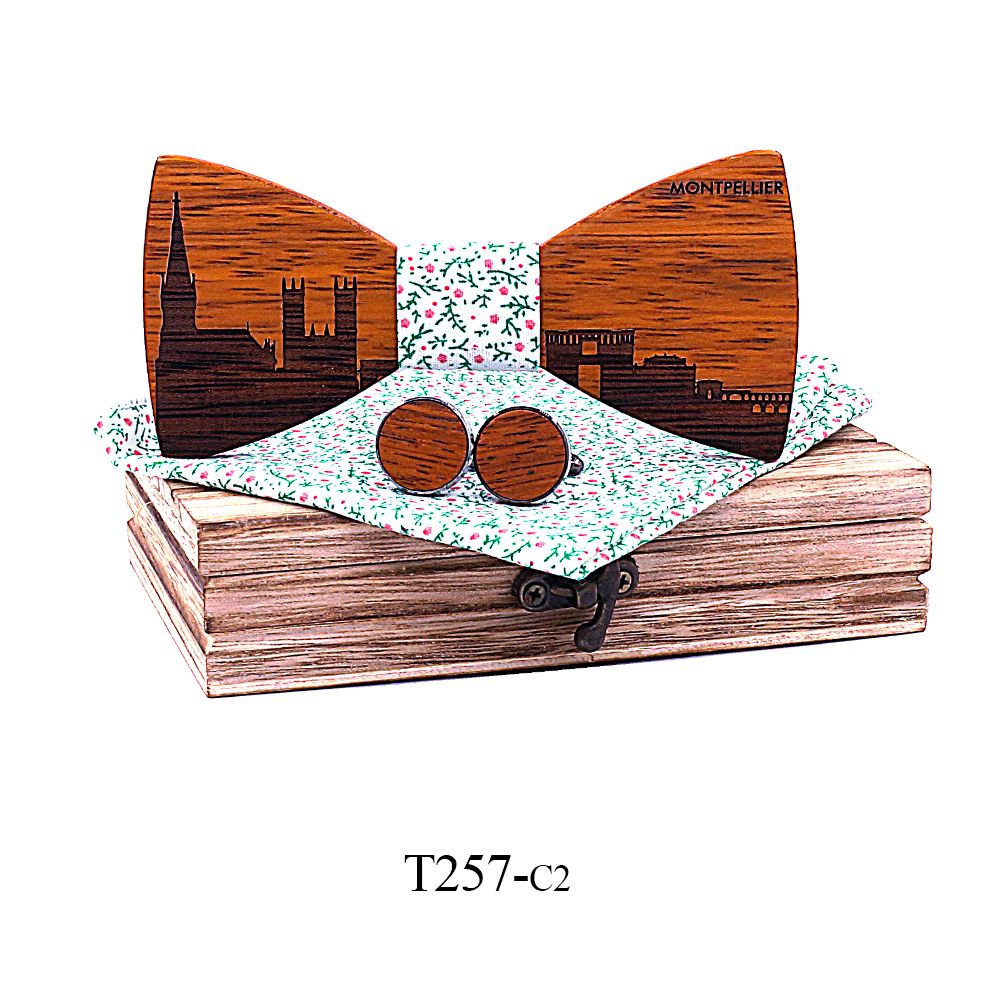 T257 T257  City Skyline Engraving Bow Tie Set, Zebrawood — colour C2