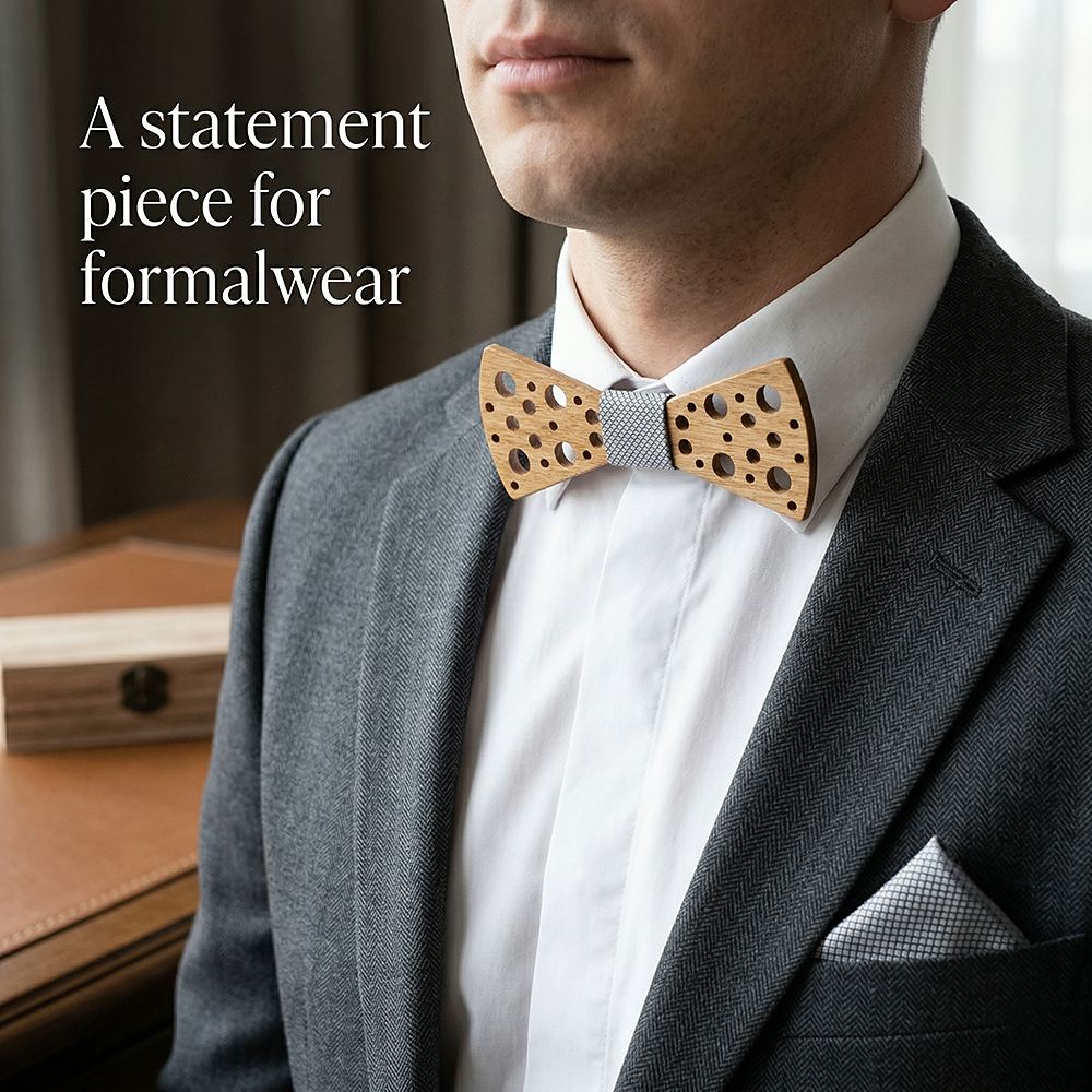 T259  Sculpted Solid Bow Tie Set, Walnut