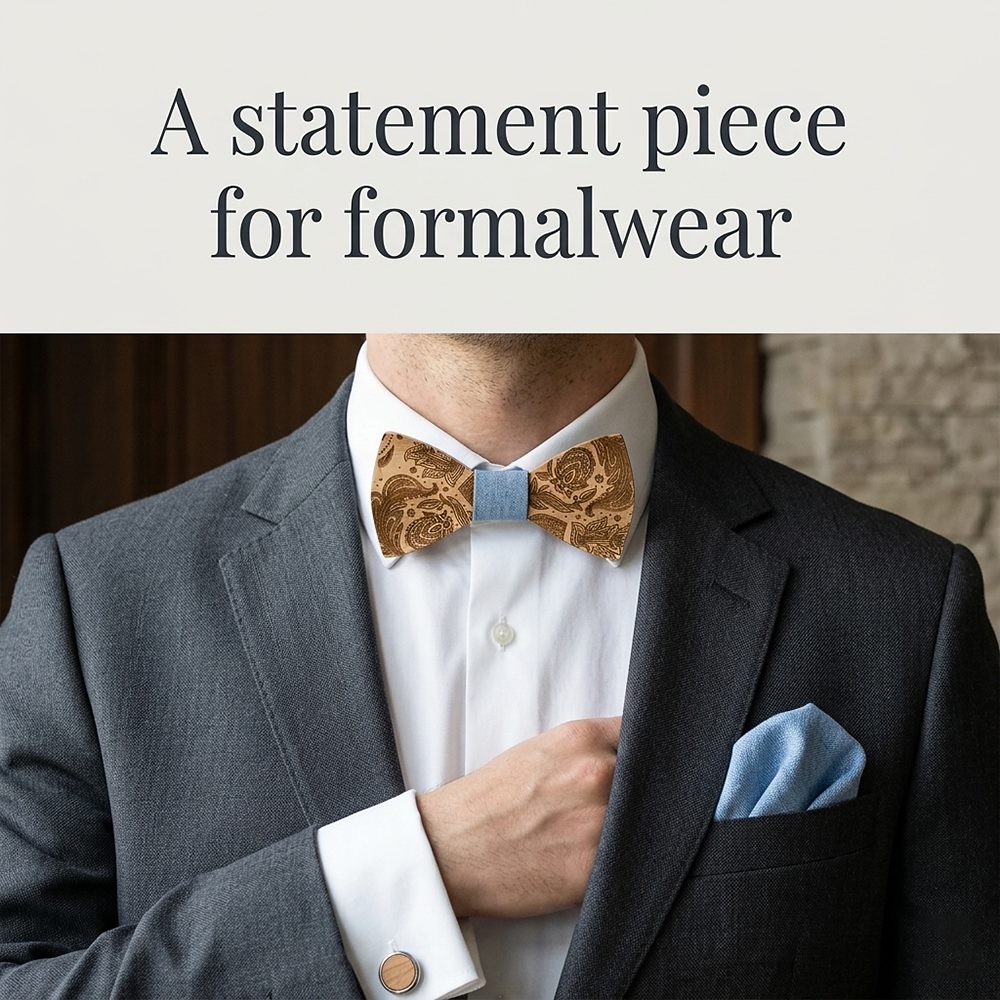 T262  Paisley Engraving Bow Tie Set, Walnut