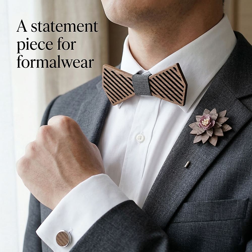 T338  Woven Grid Engraving Bow Tie Set, Walnut