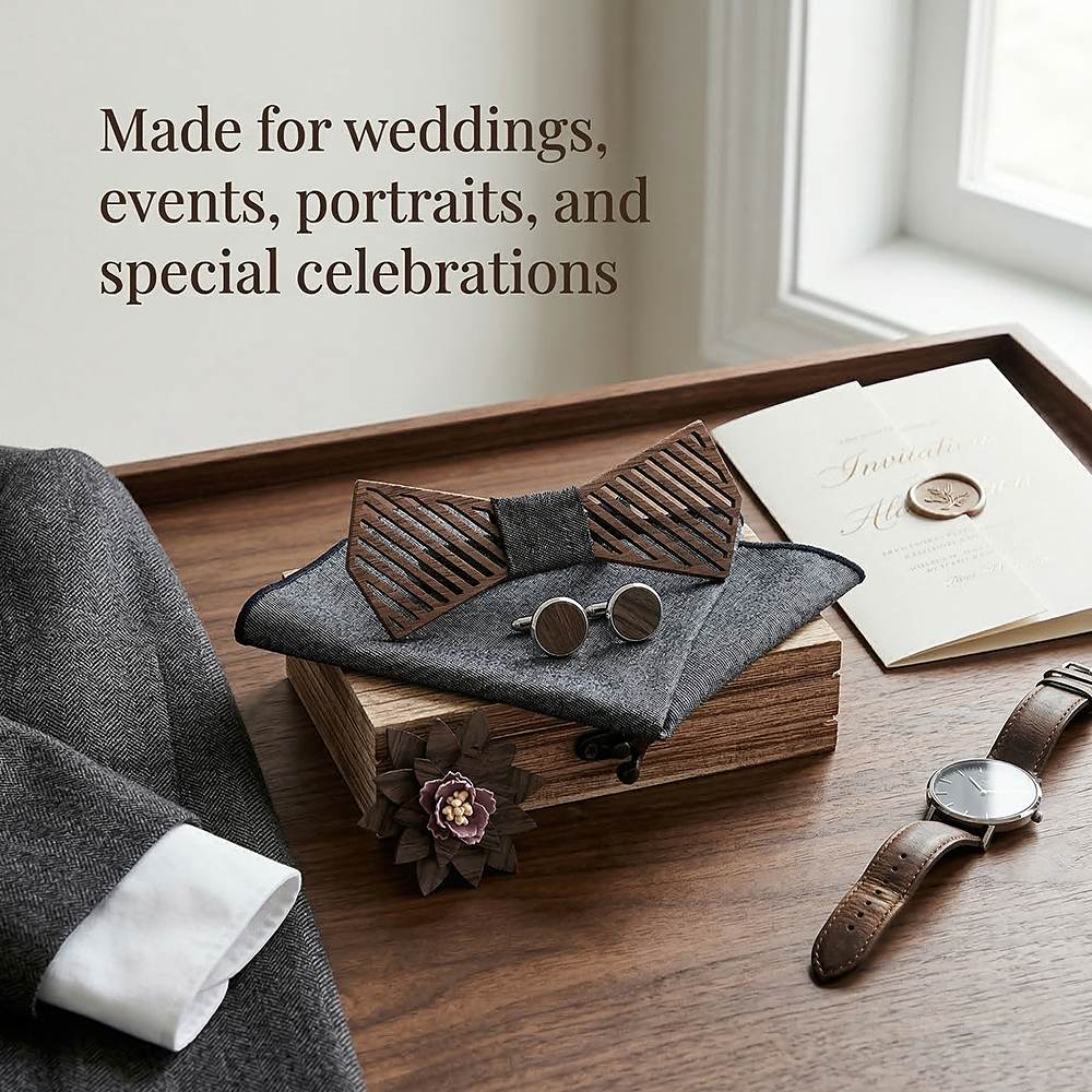 T338 T338  Woven Grid Engraving Bow Tie Set, Walnut — view 3