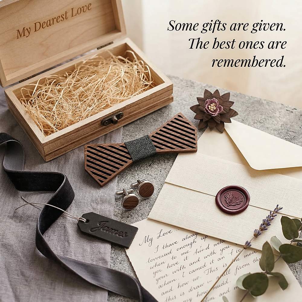 T338 T338  Woven Grid Engraving Bow Tie Set, Walnut — view 6