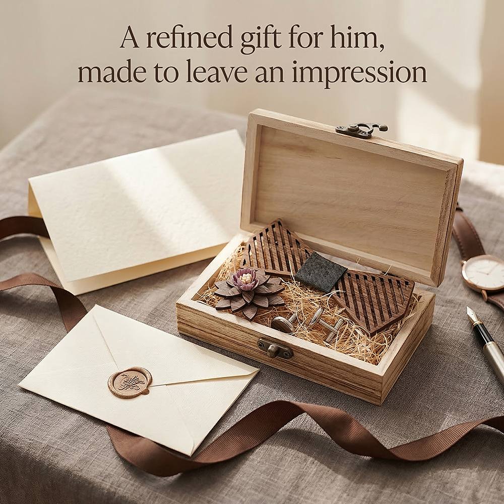 T338 T338  Woven Grid Engraving Bow Tie Set, Walnut — view 8