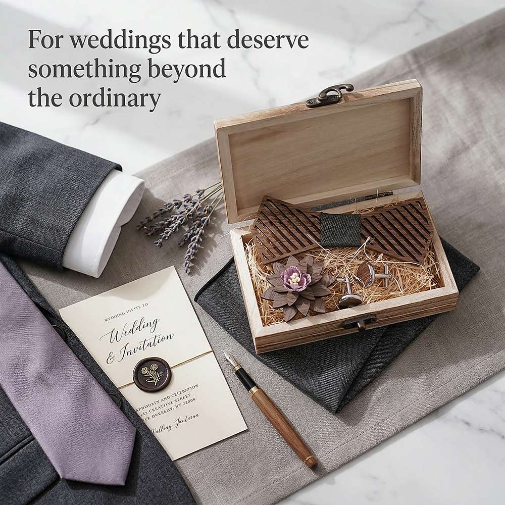 T338 T338  Woven Grid Engraving Bow Tie Set, Walnut — view 9