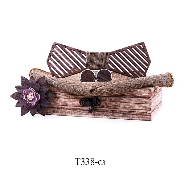 T338 T338  Woven Grid Engraving Bow Tie Set, Walnut — colour C3