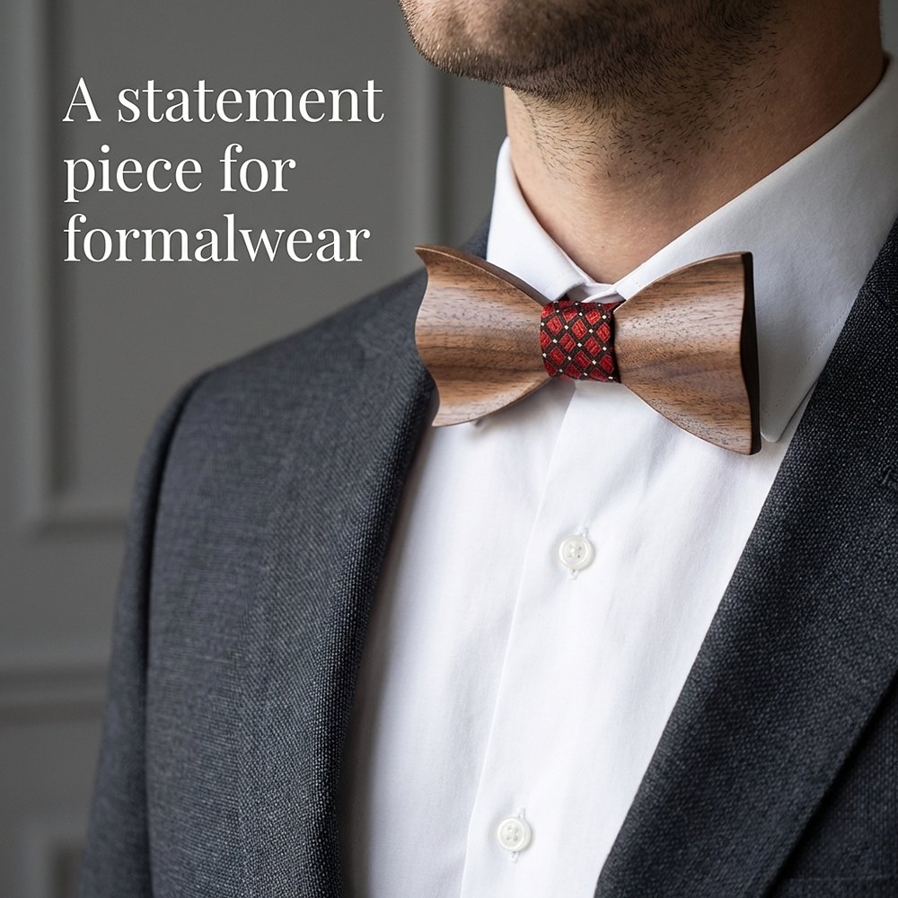 T341  Woven Check Engraving Bow Tie Set, Walnut