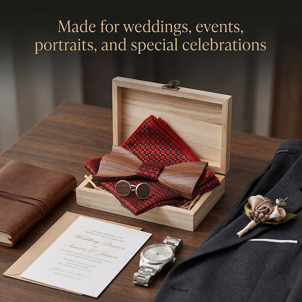 T341 T341  Woven Check Engraving Bow Tie Set, Walnut — view 3